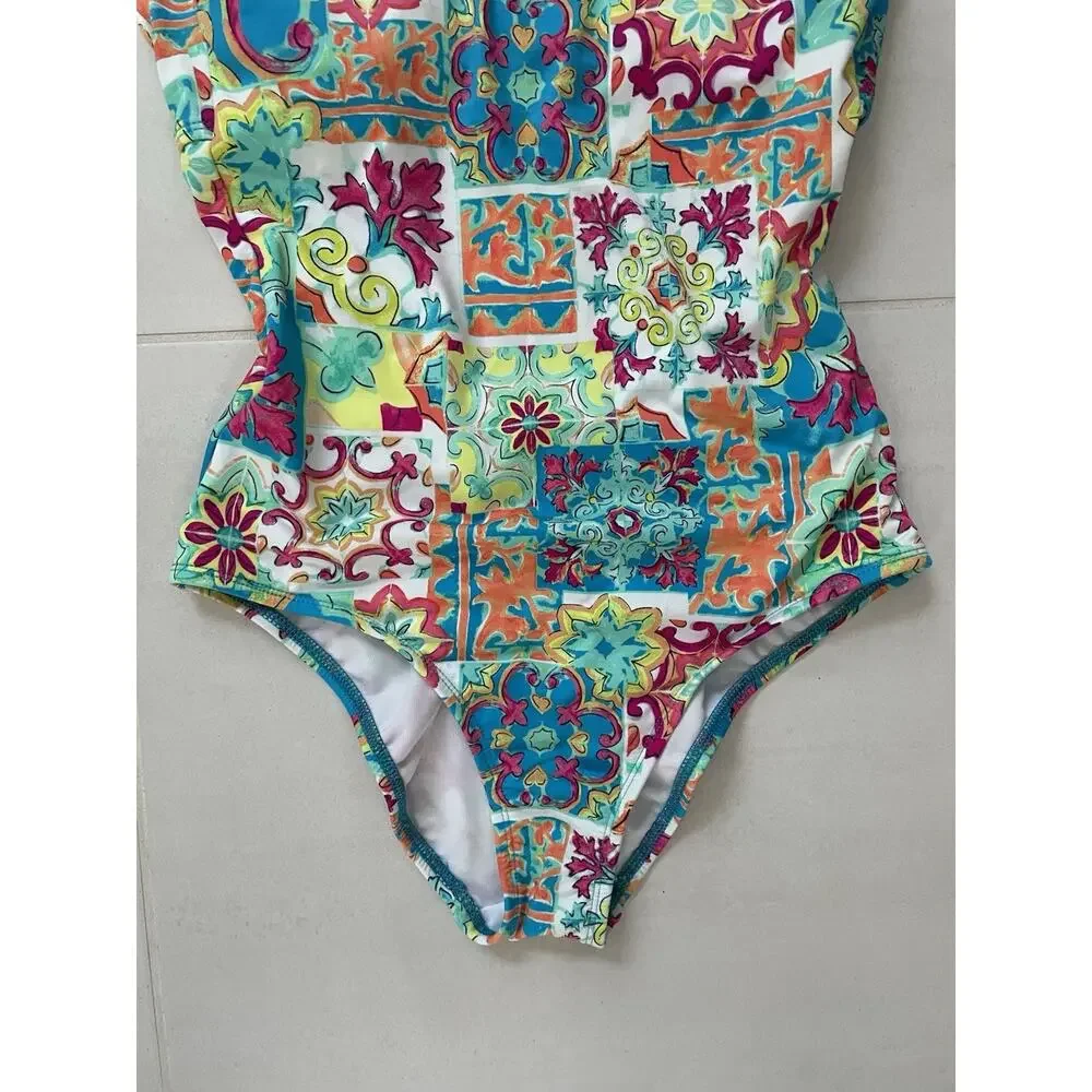 Liz Claiborne Swimsuit One Piece Patchwork Beach Summer FLAW